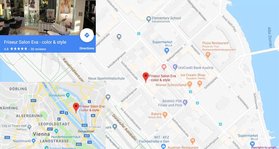 Map showing the location of Hair Salon Eva – Schiffmuehlenstrasse 53, 1220 Vienna